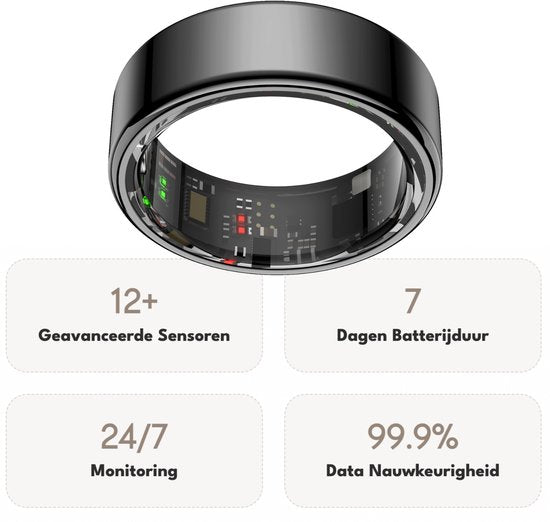 Focus® S1 Smart Ring - Noir - Taille 8 - Fréquence cardiaque - Cycle menstruel - Moniteur de sommeil - Anneau intelligent - Performance sportive - Podomètre - IP68 Waterproof - Mesure de l'O2 - Femmes - Hommes - Wearables - Étui de chargement - anneau de