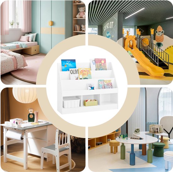 SoBuy Montessori KMB118-W Bibliothèque pour enfants, étagère pour enfants avec 3 compartiments de rangement et rangement pour jouets, chambre d'enfant, étagère pour livres et rangement pour jouets, blanc, 100 x 80 x 30 cm