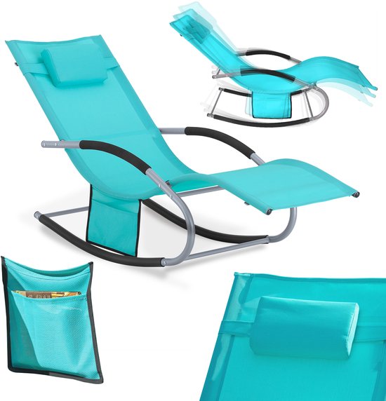 SoBuy OGS28-HB Chaise de jardin - Chaise à bascule en métal turquoise avec appui-tête réglable