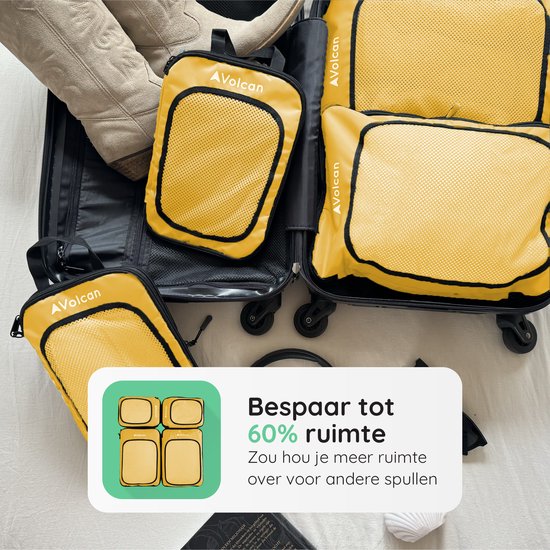 Cubes de compression Volcan - Organiseur de valise - Avec zips de compression - Sac à dos et valise - Lot de 4 - Ocre