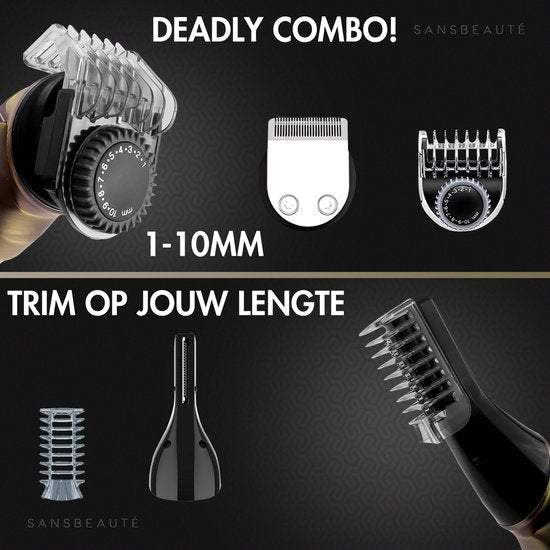 Tondeuse à barbe 9-en-1 pour homme - Sansbeauté® Tondeuse pour barbe et corps - 9 accessoires inclus - Tondeuse pour homme - Tondeuse pour homme - Tondeuse à cheveux - Tondeuses - 0.5-15MM - Nez et oreilles - Tondeuse - Machine à barbe - Multigroomer