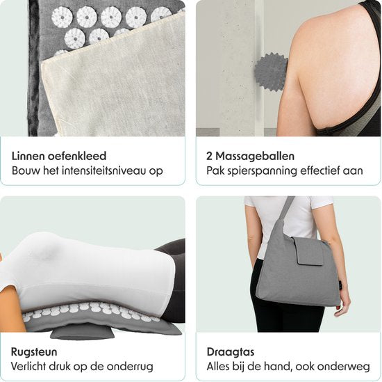 LifeGoods Acupressure Mat Eco - Set complet - oreiller / sac de transport / 2x Trigger Point Ball - Shakti mat - Nail Mat - 72x43x2cm - Gris/Blanc
