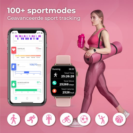 Nuvance - Smartwatch Hommes et Femmes avec Bluetooth - IP68 Waterproof - Convient à tous les Smartphones - Podomètre et moniteur de fréquence cardiaque - Or