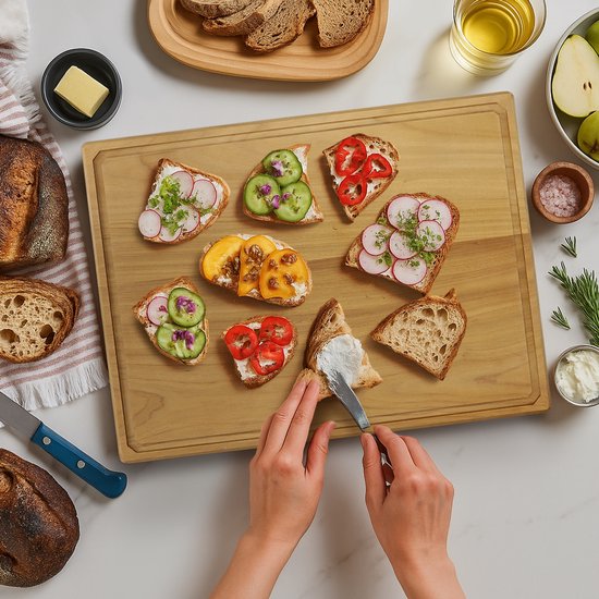 Deleca Planche à découper en teck - Double face avec tranchée à jus / poignées - Grande et épaisse planche à découper en teck - Pour la cuisine, planches à découper durables, planche de service, planche à fromage, planche à boissons, planche à tapas - San