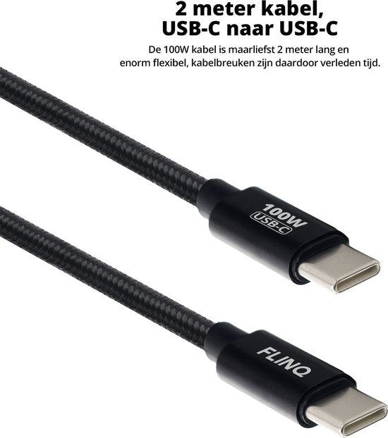 FlinQ - 2x USB C to USB C Cable 100W - Chargeur rapide pour Smartphone, Tablette - Câble de données et chargeur - Câble de charge en nylon de 2 mètres de long