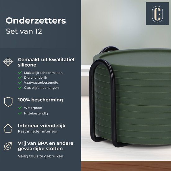 Castagnola Sous-verres en silicone - Sous-verres pour verres - Sous-verres design avec support - Set de sous-verres - Antidérapant - Lot de 12 - Vert