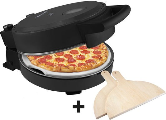 Bestron Turbo Pizza oven pour une pizza en 5-10 minutes, four à pizza électrique avec une température maximale réelle de 320°C, comprend une pierre à pizza et 2 grandes spatules en bois, Black Label, couleur : Noir mat