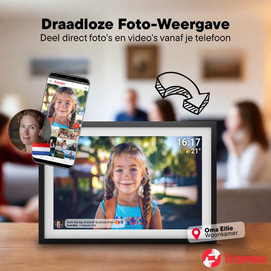 Cadre photo numérique Denver 15,6 pouces - XL - Full HD - Frameo App - Cadre photo - WiFi - 16GB - IPS Touchscreen - PFF1516