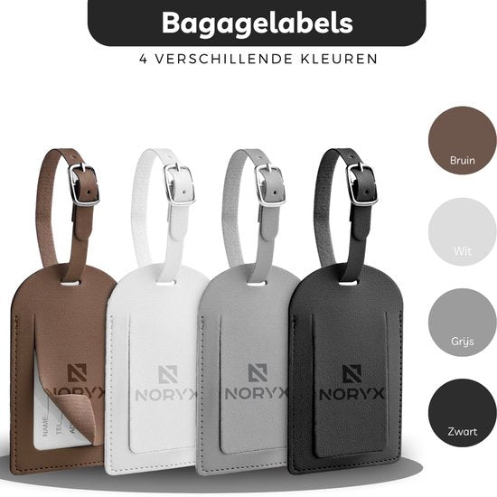 Noryx 4-piece Suitcase label set - Luggage label - Suitcase tags - Suitcase Label - Grey, White, Black & Brown