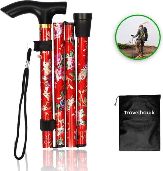 Bâton de marche Travelhawk - réglable et pliable - rouge - sac de rangement inclus - bâton de marche pour personnes âgées