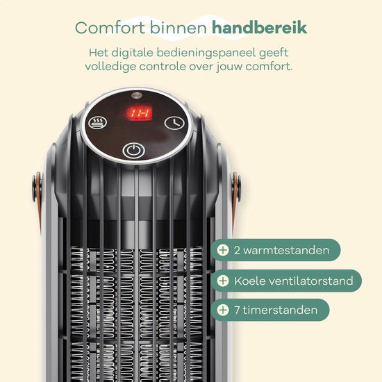 Zenwave Electric Heater with Display - Compact 1500W Fan heater - Chauffage avec 2 modes de chaleur et 1 mode de ventilation - Chauffage électrique pour l'intérieur et l'extérieur - Noir