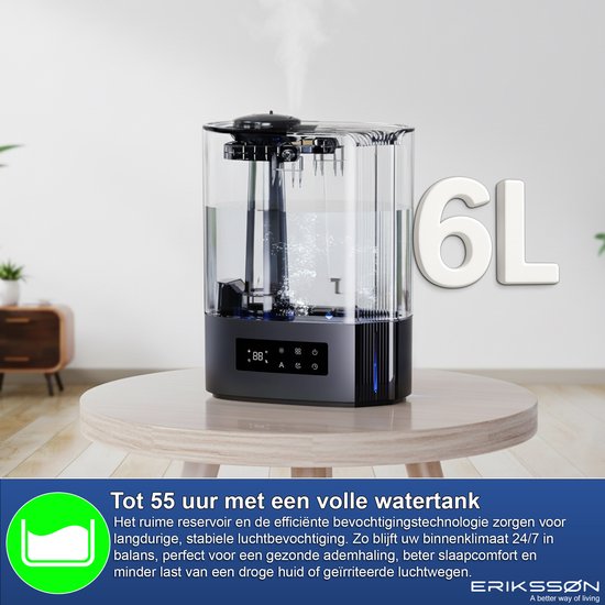 Erikssøn Humidificateur Hydra Comfort - 6 litres - Convient au salon, au bureau, à la chambre à coucher, à la chambre de bébé - Avec aromathérapie - Noir