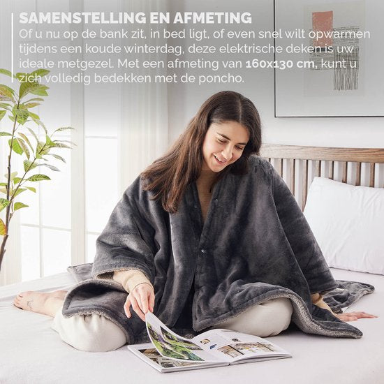 BREND BR-2220 Couverture électrique et Poncho - Sherpa et Flanelle Plaid - Cape de chaleur - 160 x 130 cm - 9 réglages de température - Anthracite