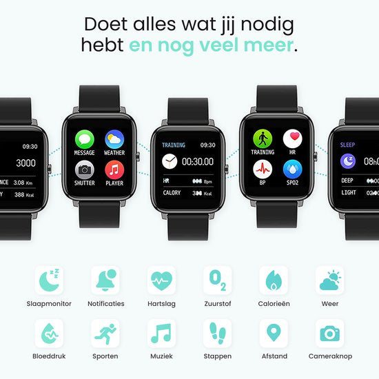 MAOO AMPLIFY Smartwatch - Protection d'écran incluse - Fréquence cardiaque, pression artérielle, saturation sanguine, sommeil, distance - Podomètre - Smartwatch homme - Smartwatch femme - Montre - Cadeau de Noël - Noir