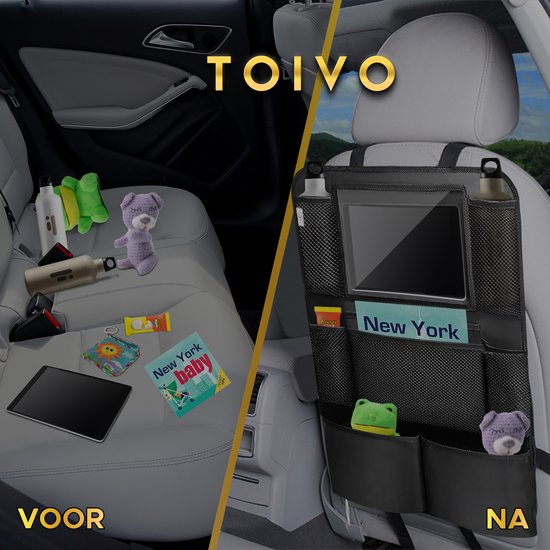 Toivo Set of 2 Luxury Car Seat Organiser - Water-repellent Oxford Material - Black - Tablet Holder - Car Organizer