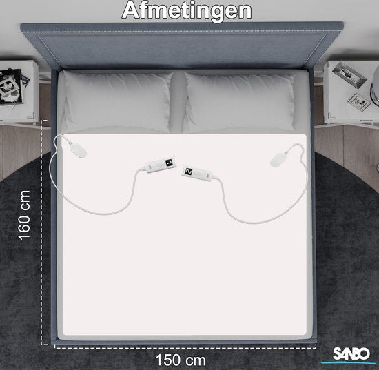 Couverture électrique Sanbo - 2 personnes - 150 x 160 cm - Lavable en machine - Sous-couverture - 7 étapes - Avec boucles d'angle