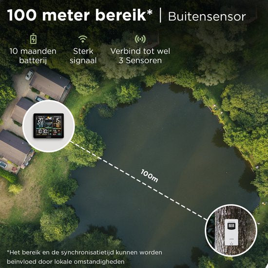 LONQ Station météo intérieure et extérieure Q5 - Piles incluses - Station météo sans fil avec capteur extérieur - Thermomètre Hygromètre - Affichage couleur - Horloge contrôlée par DCF