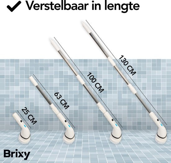 Brosse de nettoyage électrique Brixy - Brosse à récurer extensible - Sans fil - 8 accessoires - Brosse à récurer - Blanc