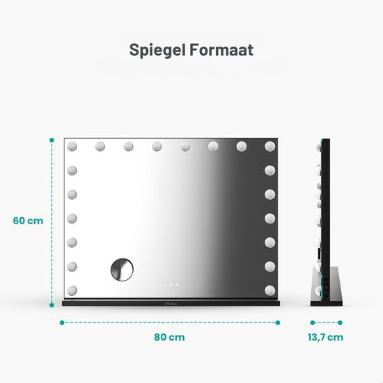 Mirlux Hollywood Mirror 80x60CM - 2 haut-parleurs Bluetooth - ports de charge USB et USB-C - éclairage LED - miroirs de maquillage - zoom 10x - suspendu - noir