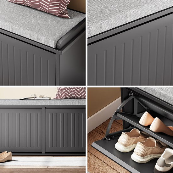 SoBuy Banc à chaussures avec coussin rembourré - Meuble à chaussures avec 2 abattants - Meuble de rangement pour chaussures - Noir, 100x26x46 cm, FSR98-XL-SCH