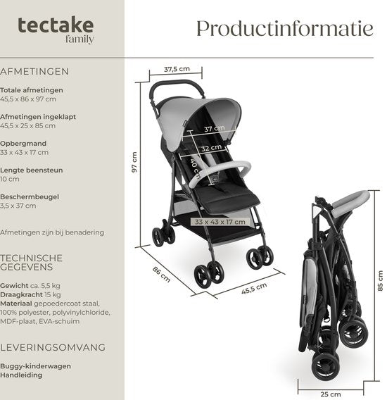 tectake® Buggy - Poussette - Pliable, harnais 5 points, dossier et repose-jambes réglables - Avec frein, roues à roulement souple - Panier de rangement pratique - Noir/gris