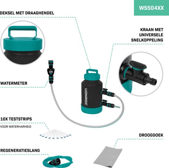 VONROC Adoucisseur d'eau - détartreur portable - adoucit 1000 litres par régénération - Compteur d'eau, bandelettes de test de dureté de l'eau, tuyaux et raccords inclus.