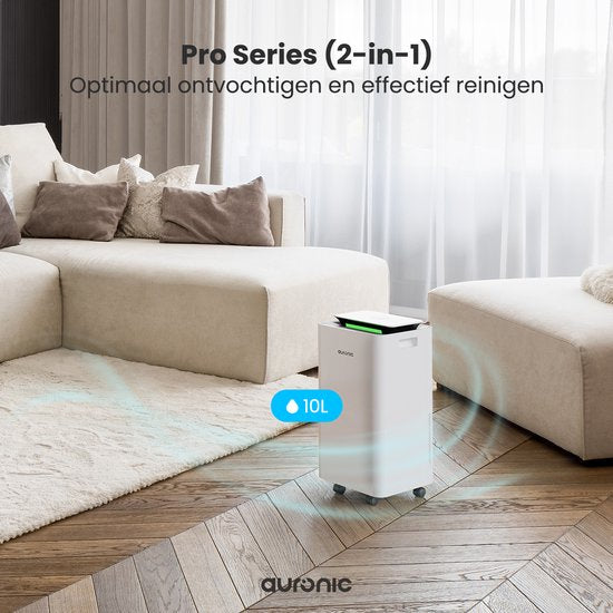Déshumidificateur et purificateur d'air Auronic - Pro Series - 10L par jour - Fonction Wash-dry - Chambre à coucher, salle de bains et salon - Blanc