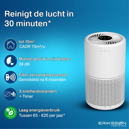 Erikssøn Purificateur d'air Prime - Blanc - 70 m3/h - Aide à lutter contre la poussière, le rhume des foins et les allergies - Avec filtre Hepa - Purificateur d'air
