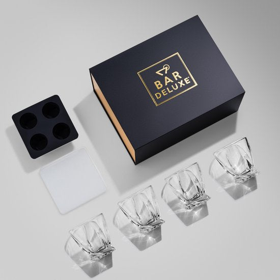 BarDeluxe® Whiskey Set - 4 verres en cristal faits main 325 ml - Coffret de luxe avec moule à glaçons et boîte de rangement - Idéal comme cadeau Whisky