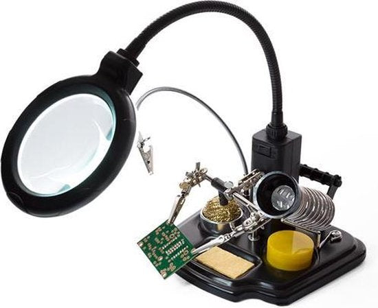 Velleman Troisième main multifonctionnelle avec loupe et outils de soudure, idéale pour les travaux de précision avec lampe loupe LED