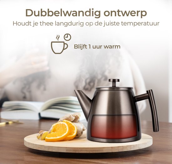 Vaja® Théière Juliette Gun Metal - Double paroi - 1 litre - Théière en acier inoxydable avec filtre