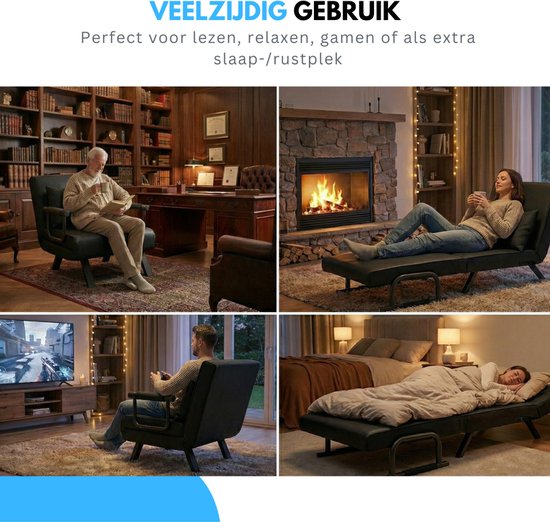 Livista 3-in-1 Fauteuil-lit pliant chargeable jusqu'à 100 kg Noir - Canapé-lit pliant avec dossier réglable - Lit-lit design moderne - Fauteuil-lit