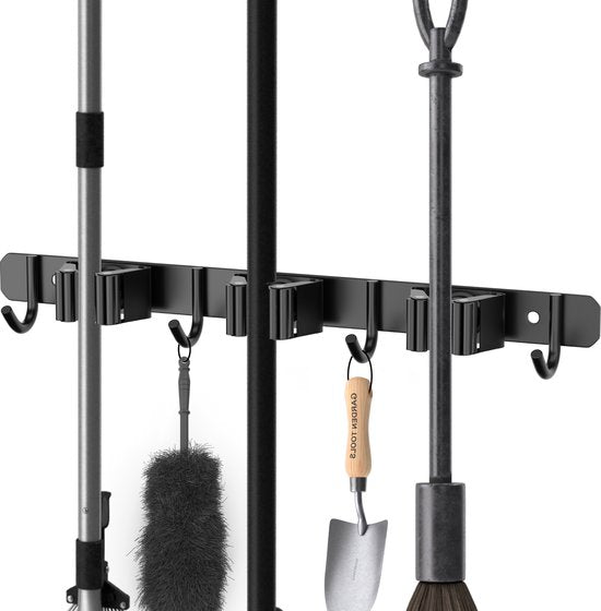 Porte balai Volcan - Système de suspension pour balai - Outils de jardin - Porte-outils - Ruban adhésif 3M - 3 porte-balais 4 crochets - Acier inoxydable noir