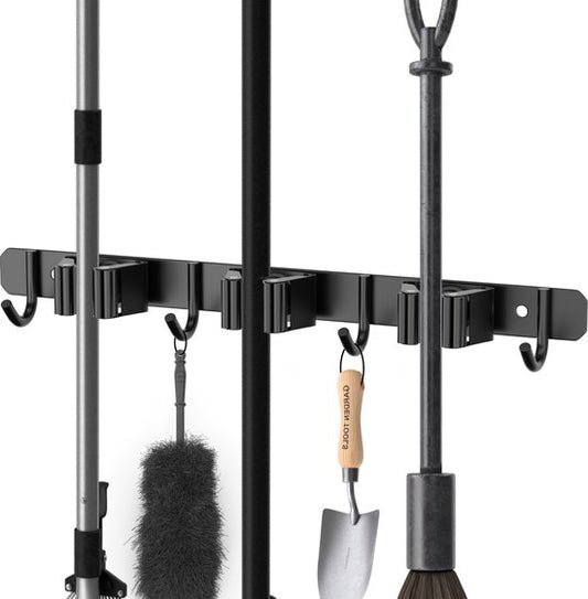 Porte balai Volcan - Système de suspension pour balai - Outils de jardin - Porte-outils - Ruban adhésif 3M - 3 porte-balais 4 crochets - Acier inoxydable noir