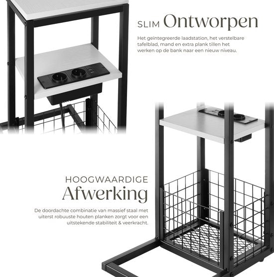 tectake® Table pour ordinateur portable avec station de charge - Prise de courant incluse - Table pour ordinateur en forme de C - Table d'appoint - Table de chevet - Avec porte-journaux et étagère supplémentaire - Blanc