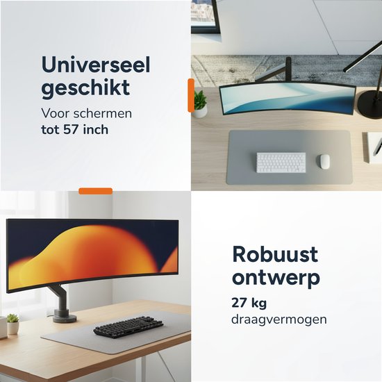 Skoov Bras pour écran avec vérin à gaz - Pour 13 à 57 pouces - Capacité de charge de 27KG - Ecran large - Support pour 1 écran - Moniteur - Support - Support - Extra stable - Noir