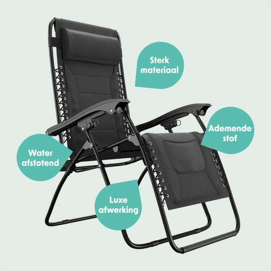 LifeGoods Lounger Comfort - pliable - réglable de 30° à 90° - support pour gobelets et téléphone - chaise de jardin - noir