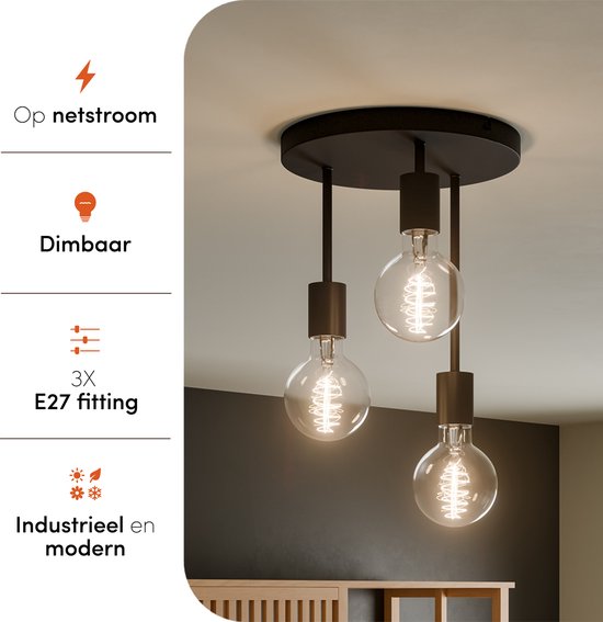 Nolt Ceiling Lamp - Plafonnier - 3x E27 Lampes - Industriel - ⌀ 28cm - Noir