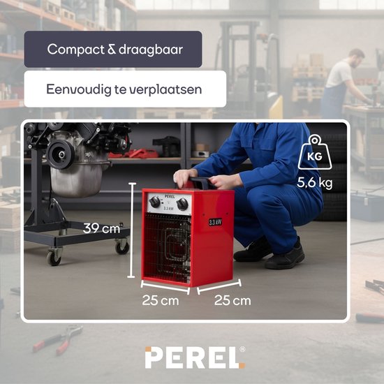 Perel Chauffage électrique à ventilateur 3300W, 2 niveaux de chaleur, thermostat et mode refroidissement, IP24, avec protection contre la surchauffe, chauffage portable compact pour l'atelier, le garage, la salle de loisirs