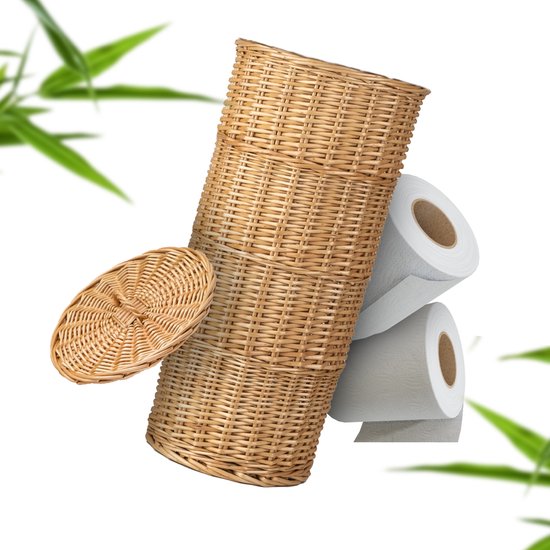 Industor® Porte-rouleau de toilette Standing en osier tressé à la main - Porte-rouleau de toilette pour 3 rouleaux avec couvercle - Porte-rouleau de toilette, Accessoires de salle de bain et Décoration