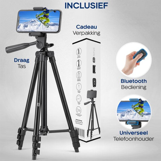 Studio ME Phone Tripod - 128 cm - Trépied Smartphone - Noir - Trépied pour appareil photo - Support pour téléphone - Télécommande Bluetooth incluse - Trépied Téléphone