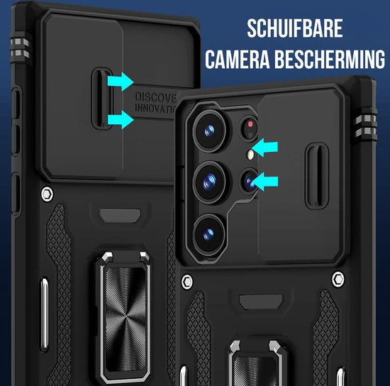 Podec Case with Screen Protector - Suitable for Samsung Galaxy S23 Ultra - Black Phone Case - Anti-Shock Case - Hybrid Armor Case with Kickstand Ring