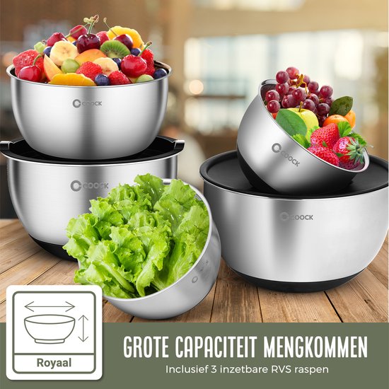 COOCK inox - Set de bols à mélanger avec couvercle - Bols à frire avec couvercle - Bol de stockage avec râpe - Bol pour salades et mélanges - Set de 22 pièces de 1,5 à 5 litres - Cuillères à mesurer incluses
