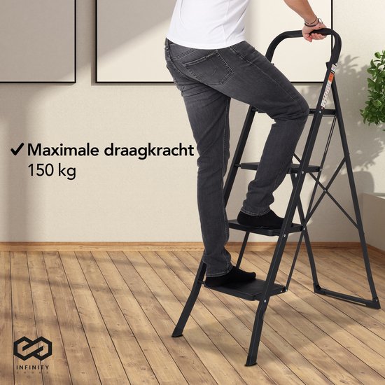 Infinity Goods Échelle domestique robuste 4 marches - Escalier de cuisine pliable - antidérapant - Échelle d'escalier - Pliable - Métal - Noir