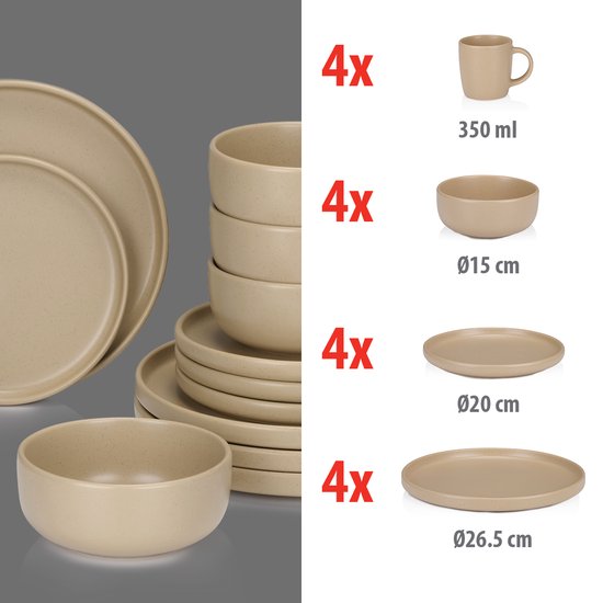 Service de vaisselle alpina 16 pièces - Ensemble d'assiettes 4 personnes - Vaisselle en faïence - Assiettes à déjeuner, assiettes à dîner, bols et tasses - Résiste au micro-ondes et au lave-vaisselle - Sable