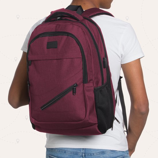 TRVLMORE Sac à dos à vie - Sac à dos avec compartiment pour ordinateur portable 17 pouces - Cartable - Résistant aux éclaboussures - Hommes et femmes - Garçons et filles - 36L - Bourgogne
