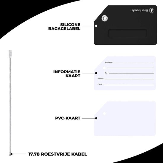 EverNeeds Etiquette de bagage - Silicone - Etiquette de bagage pour valises - Etiquettes de bagage - Noir - 5 pièces