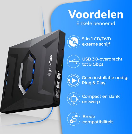 PuroTech Lecteur DVD/CD externe 3-en-1 pour ordinateur portable et PC - Graveur - Lecteur optique - USB 3.0 & USB C- Plug & Play - Windows, MacOS & Linux