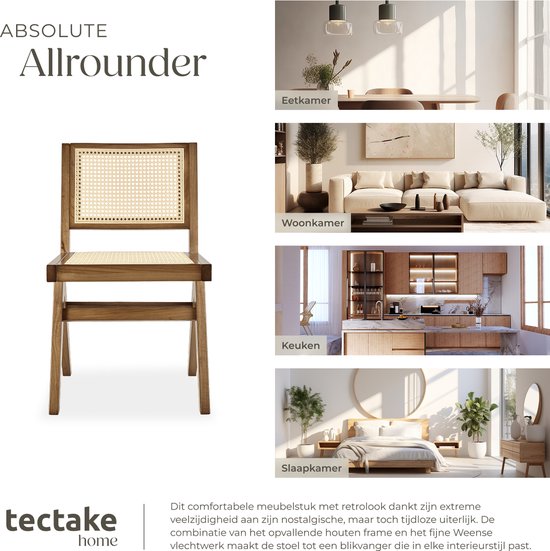 tectake® Wood Chair Lizzy - Light Oak - Chaise de salle à manger en osier de Vienne - Chaise de style Boho avec dossier - Structure en bois massif - Capacité de charge 120 kg