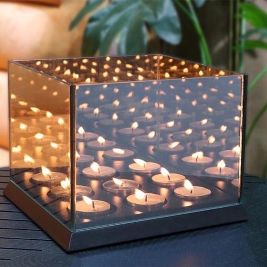 Liva Living - Porte-lumière d'ambiance Magic Cube - 3 bougies & 20 x 9 x 15 cm - avec miroir teinté et effet de réflexion infini - pour l'intérieur et l'extérieur - verre noir et Mdf